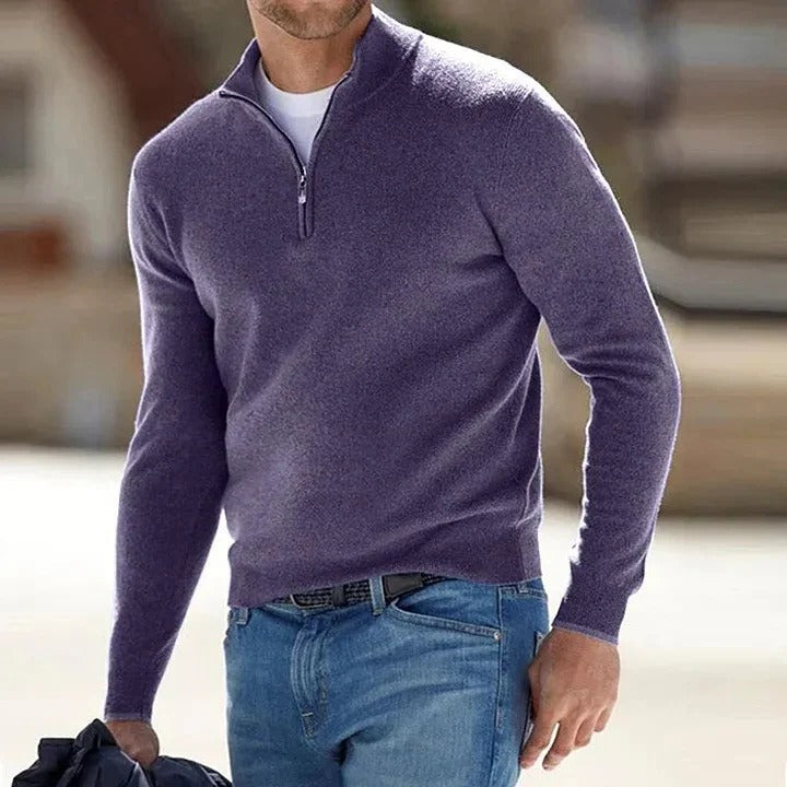 Men's cashmere zip-up sweater by Urbann Vibe, slim business casual fit with smooth zip-front closure