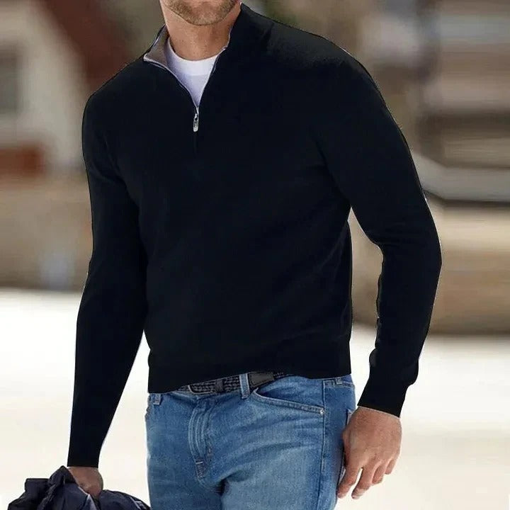 Men's cashmere zip-up sweater by Urbann Vibe, slim business casual fit with clean silhouette