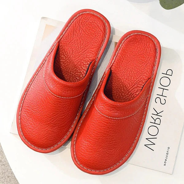 Brown leather slip-on slippers with supportive sole, casual style for home and office all-day comfort
