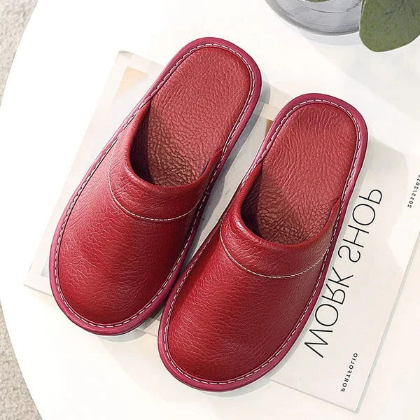 Brown leather slip-on slippers with cushioned sole, casual urban style for home and office wear