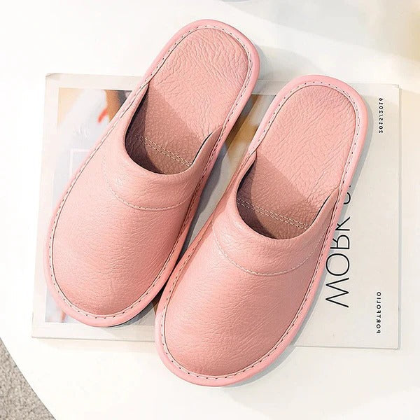 Brown leather slip-on slippers with cushioned sole, minimalist design for home and office wear