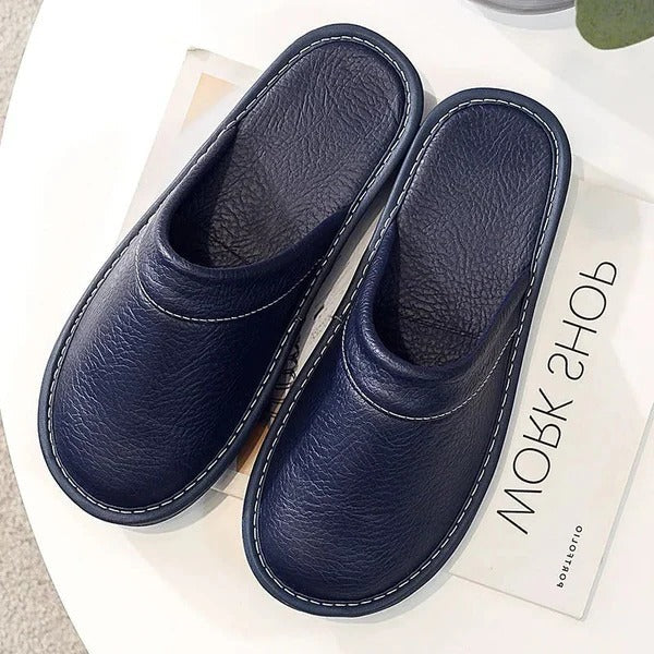 Brown leather slip-on slippers with cushioned sole, versatile for home and casual office wear