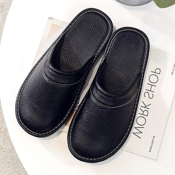 Brown leather slip-on slippers with cushioned sole, versatile home-to-office everyday comfort design