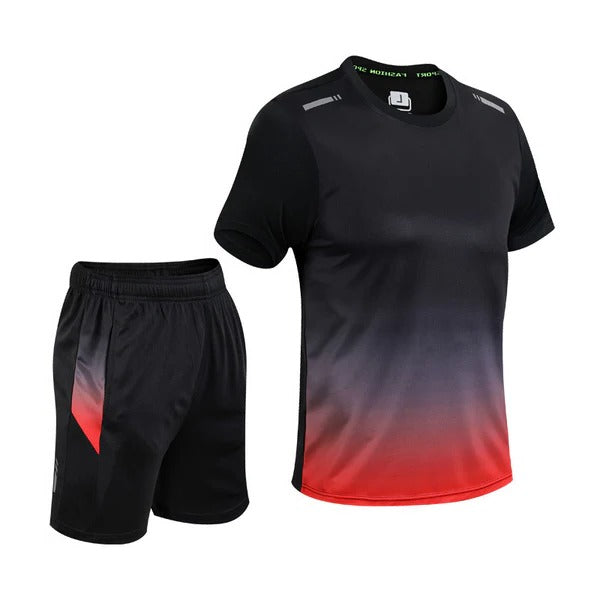 Men's blue-to-black gradient two-piece activewear set lightweight breathable short-sleeve top and drawstring shorts
