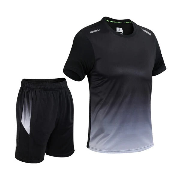 Men's blue-to-black gradient two-piece activewear set lightweight short-sleeve top with matching drawstring shorts