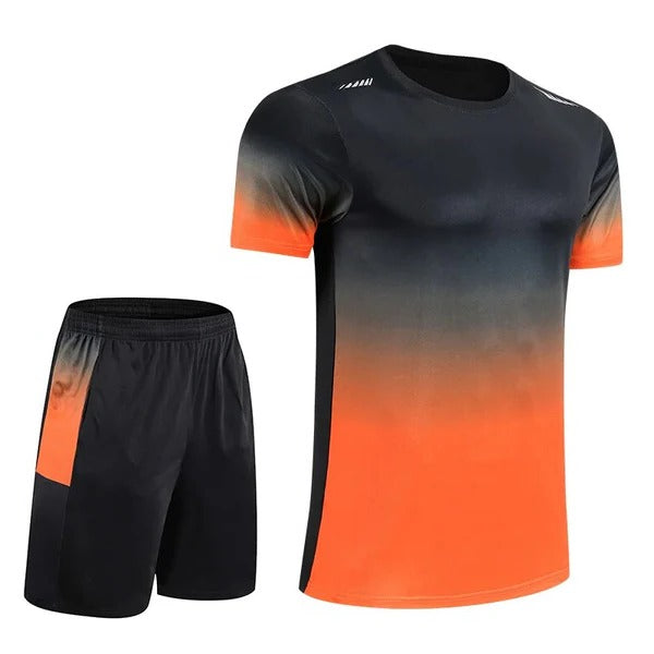 Men's blue-to-black gradient activewear set lightweight short-sleeve top and drawstring shorts