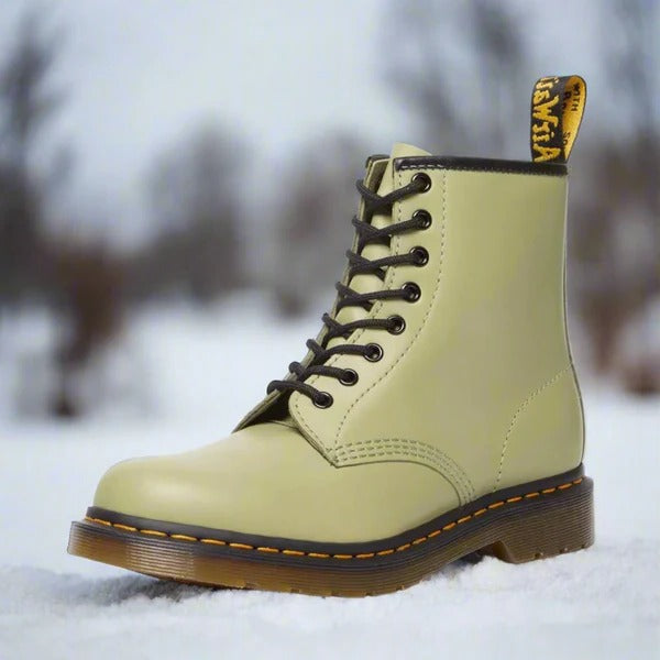 Men's brown leather ankle boots lace-up style with distinctive yellow stitch detailing
