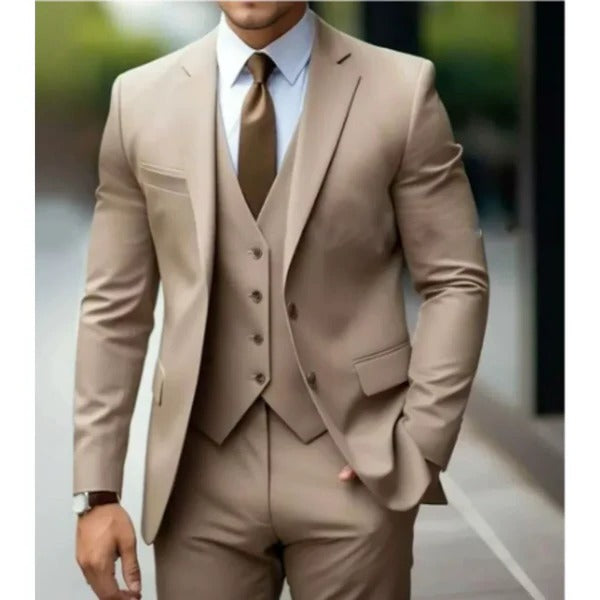 Men's charcoal three-piece suit modern fit jacket vest trousers two-button tailored formal set