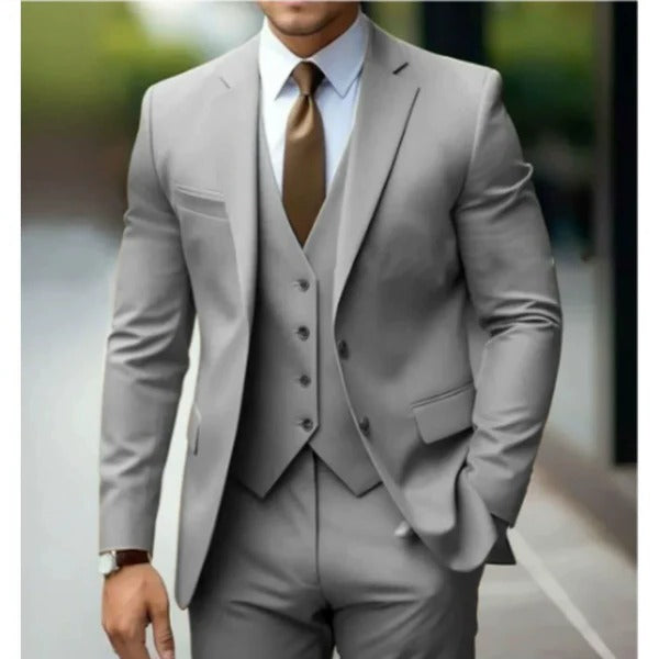 Men's charcoal gray three-piece suit modern fit two-button jacket with matching vest and trousers