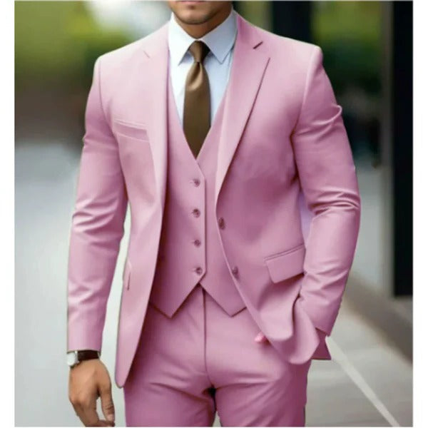 Men's charcoal gray three-piece suit modern fit two-button jacket with matching vest and trousers
