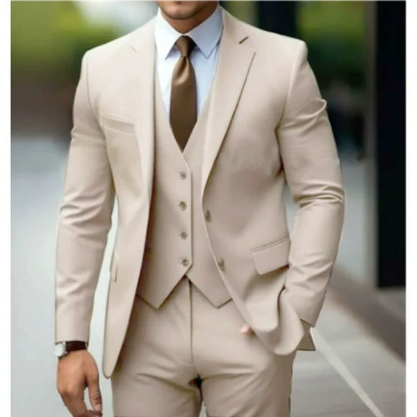 Men's charcoal three-piece suit modern fit jacket vest trousers two-button tailored wedding style