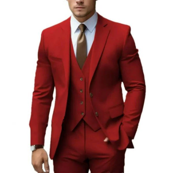 Men's charcoal three-piece suit modern fit two-button jacket with matching vest and tailored trousers
