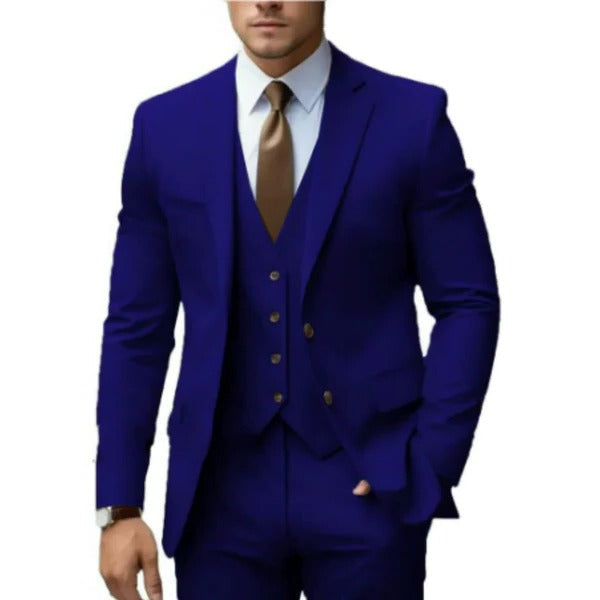 Men's navy three-piece suit modern fit two-button jacket with matching vest and tailored trousers
