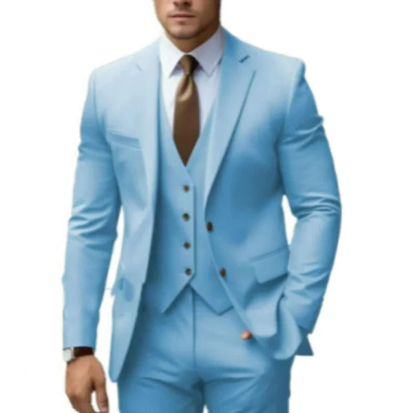 Men's dark navy three-piece suit modern fit jacket vest trousers two-button tailored wedding style