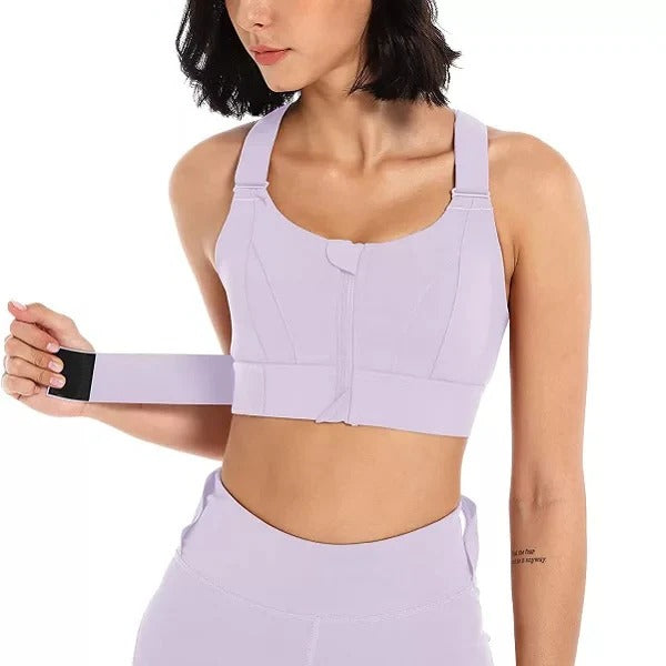 Women's high impact sports bra with front zipper closure and adjustable straps for secure fit