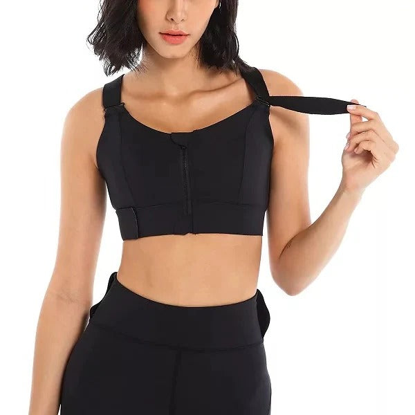 Women's high impact sports bra with adjustable straps, front zipper closure, secure fit