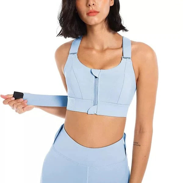 Women's high impact sports bra with adjustable straps, front zipper closure, secure fit