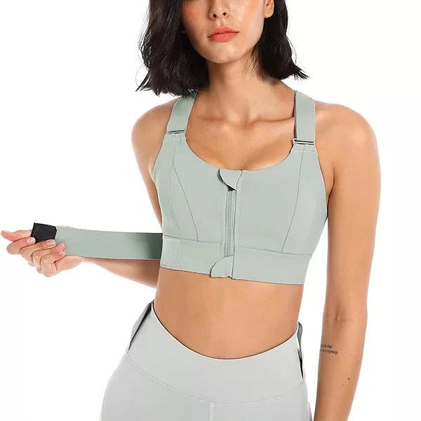 Women's high impact sports bra with front zipper closure and adjustable straps for secure fit