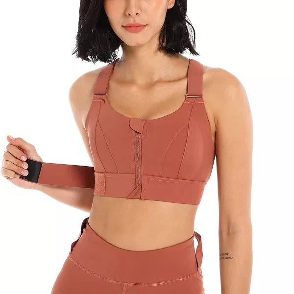 Women's high impact sports bra with front zipper closure and adjustable straps for secure fit