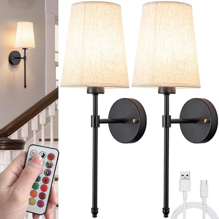 Contemporary wireless wall light fabric shade black or gold finish elegant bedroom living room decor