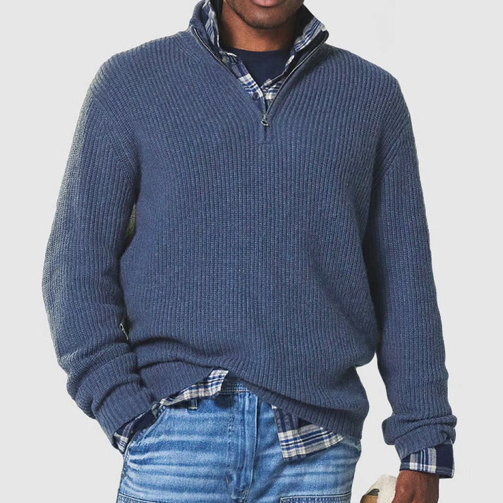 Men's half-zip warm sweater structured ribbed knit pullover with adjustable venting for versatile wear