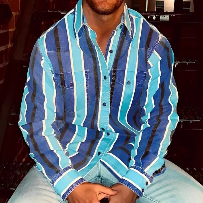 Men's retro color block stripe shirt loose fit long sleeve casual top bold pattern