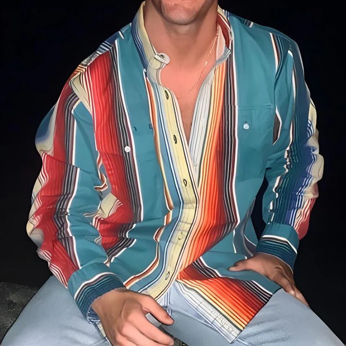 Men's retro color block stripe shirt loose fit long sleeve casual top in bold multicolor
