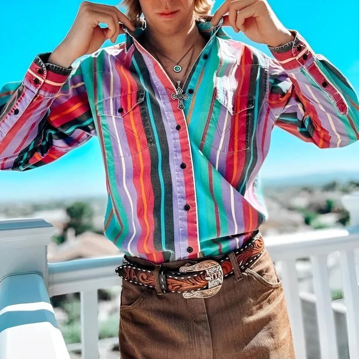 Men's retro color block stripe shirt loose fit long sleeve casual top bold vintage pattern