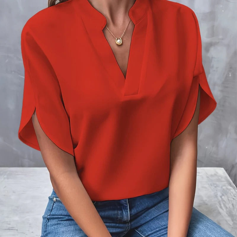 Women's lightweight breathable summer blouse relaxed fit V-neck hip-length everyday elegance