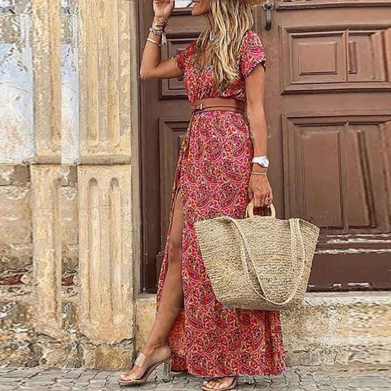 Women's short sleeve V-neck summer dress with flattering silhouette for effortless warm-weather comfort
