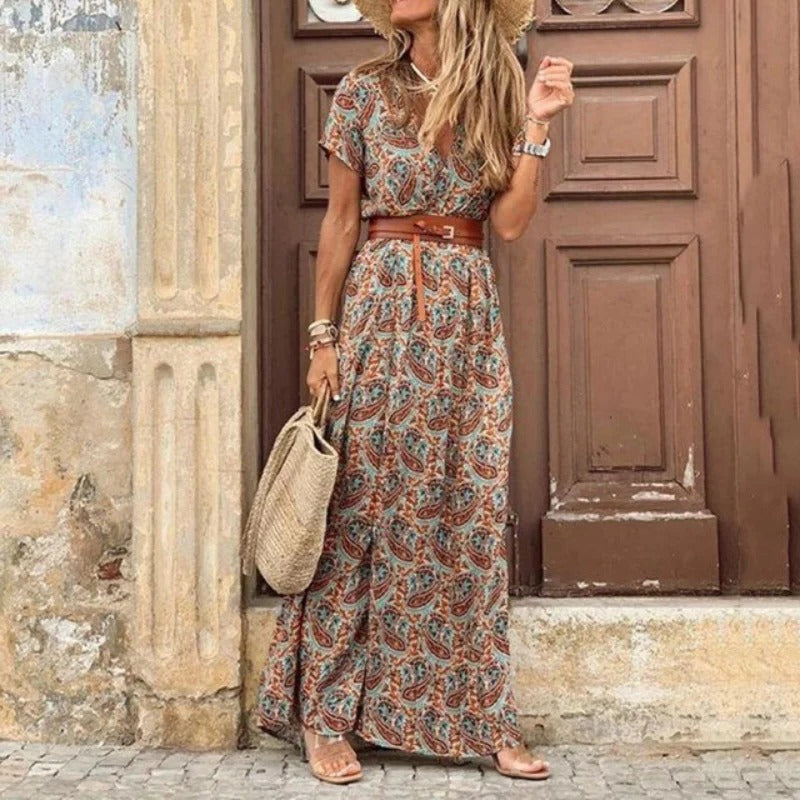 Women's short sleeve V-neck summer dress with flattering silhouette in casual effortless style