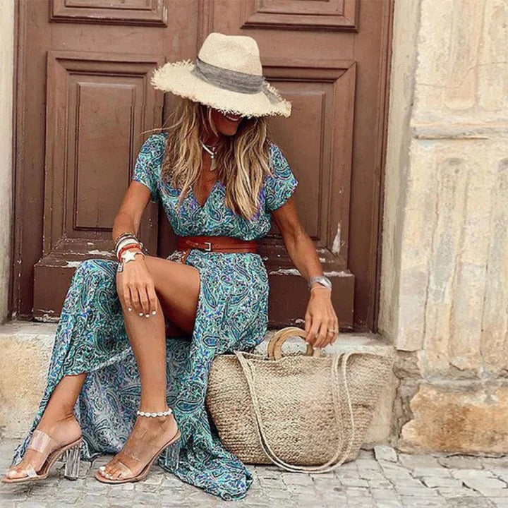 Women's short sleeve V-neck summer dress with flattering silhouette in casual effortless style