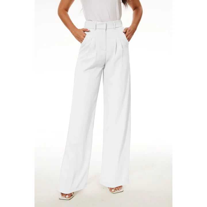 Women's high-waisted wide-leg dress pants, relaxed tailored fit with flowing silhouette for work