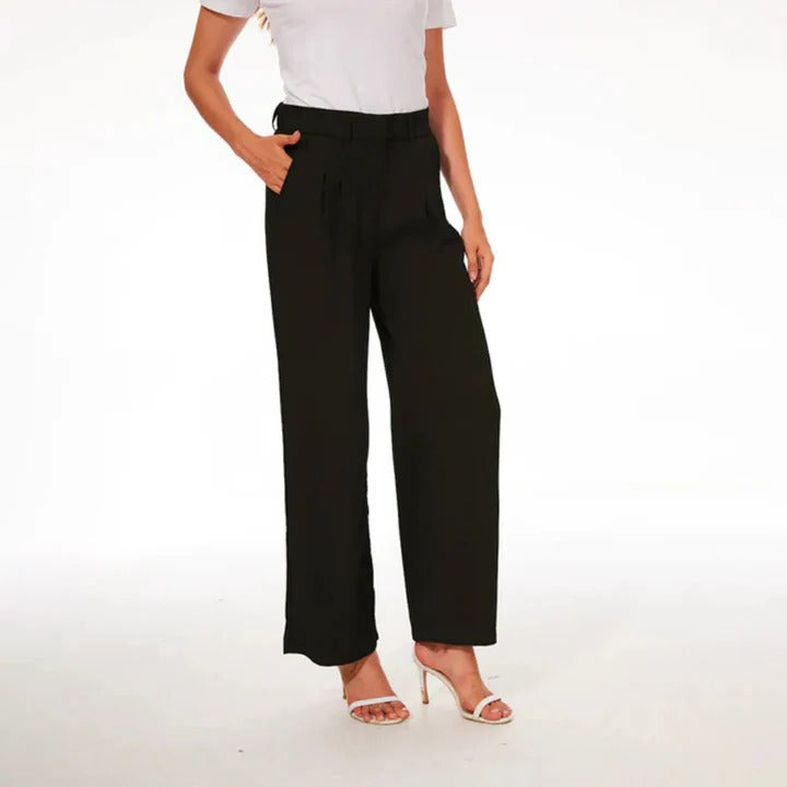 Women's high-waisted wide-leg dress pants, relaxed tailored fit with flowing silhouette for work