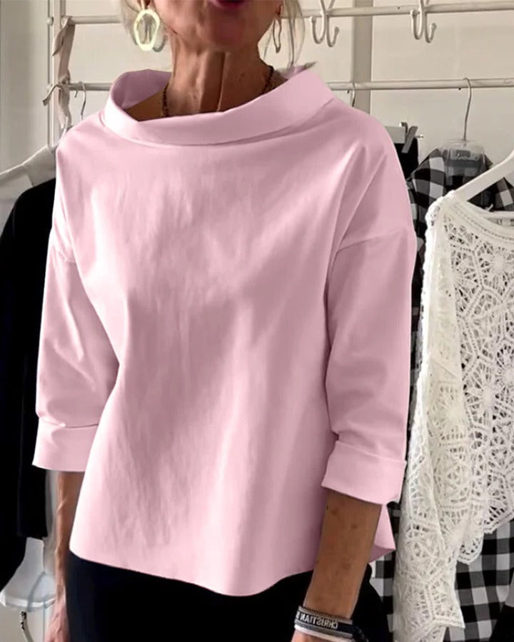 Women's elegant high collar long sleeve top minimalist silhouette versatile desk-to-dinner style