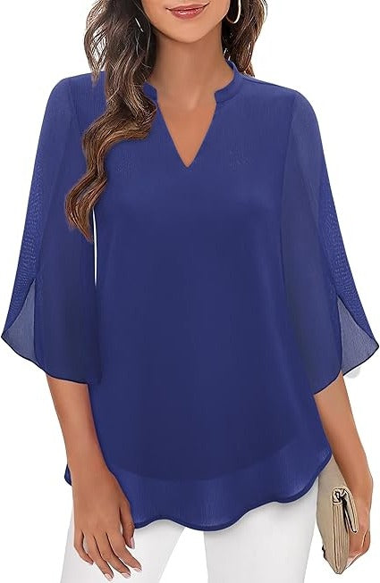 Women's casual elegant long-sleeve blouse relaxed fit smooth drape versatile work evening wear