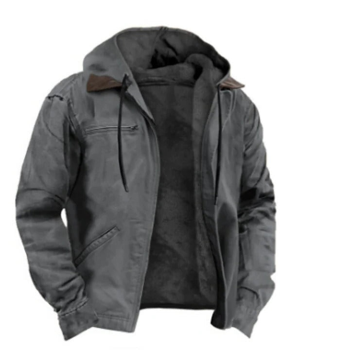 Men's classic hooded winter jacket in neutral tone, regular fit with practical travel-ready design