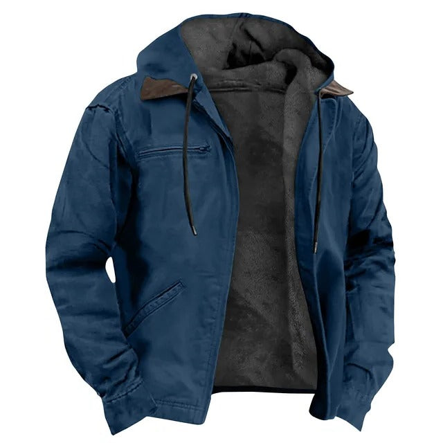 Men's classic hooded winter jacket in neutral tone, regular fit with practical travel-ready design