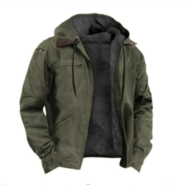 Men's classic hooded winter jacket in neutral tone, regular fit with practical travel-ready design