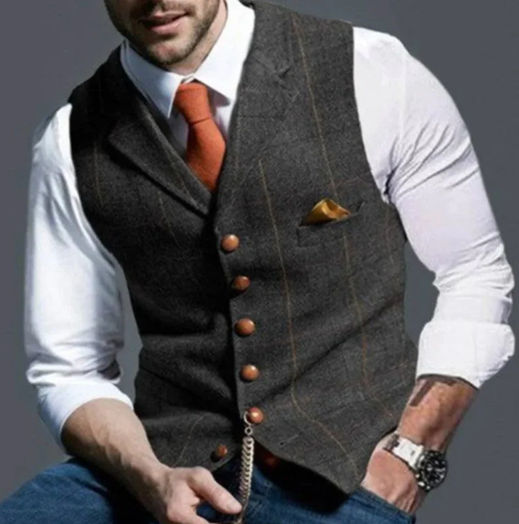 Men's slim fit suit vest six-button closure waistcoat for formal and casual wear, clean tailored silhouette