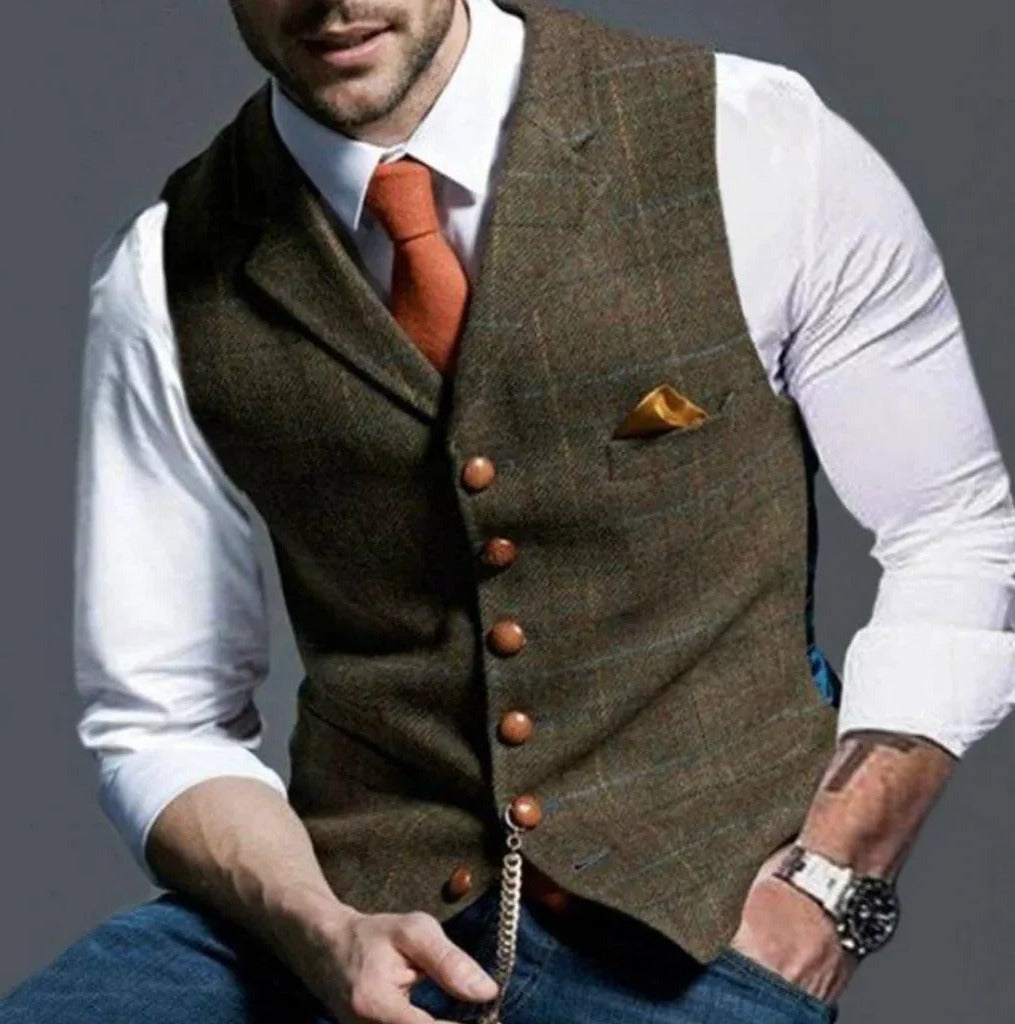 Men's slim fit suit vest with six-button closure, classic waistcoat for formal and casual wear