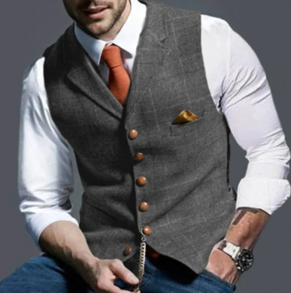 Men's slim fit suit vest six-button closure waistcoat for formal and casual wear, clean tailored silhouette