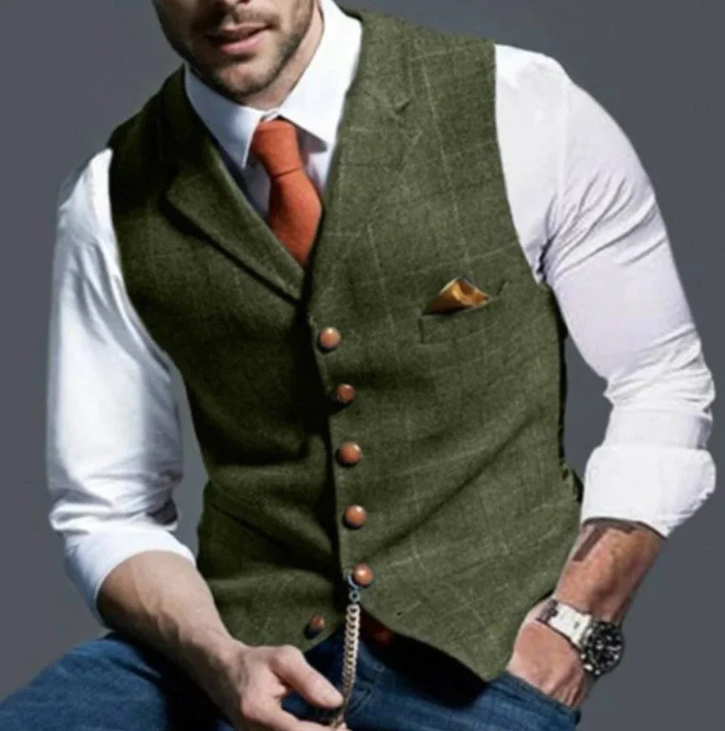 Men's slim fit suit vest six-button closure waistcoat for formal and casual wear, clean tailored silhouette
