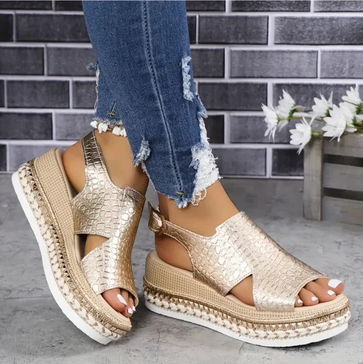 Women's metallic adjustable summer sandal with orthopedic arch support and platform espadrille sole