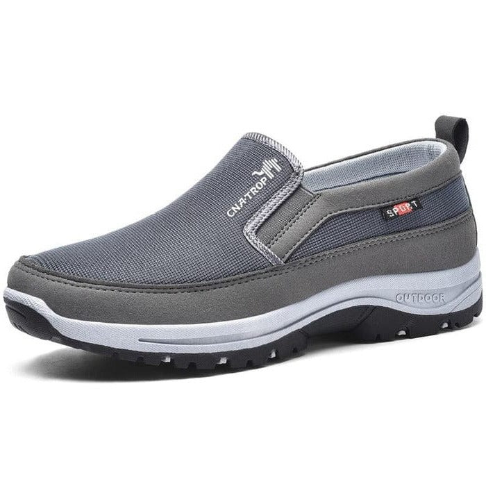 Men's gray slip-on orthopedic waterproof shoes with arch support and wide toe box