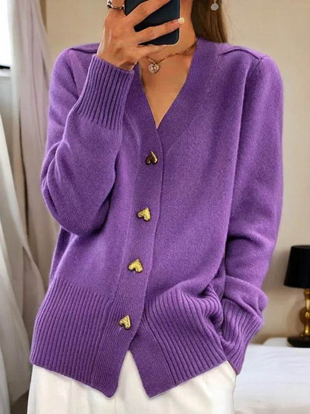 Women's solid-color cardigan with heart-shaped buttons, cozy feminine knit for work and weekend wear