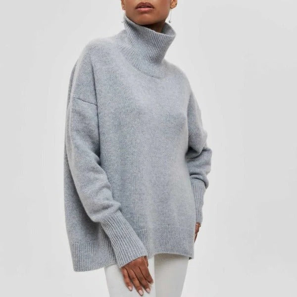 Women's casual turtleneck sweater in soft knit relaxed fit, versatile everyday layering essential