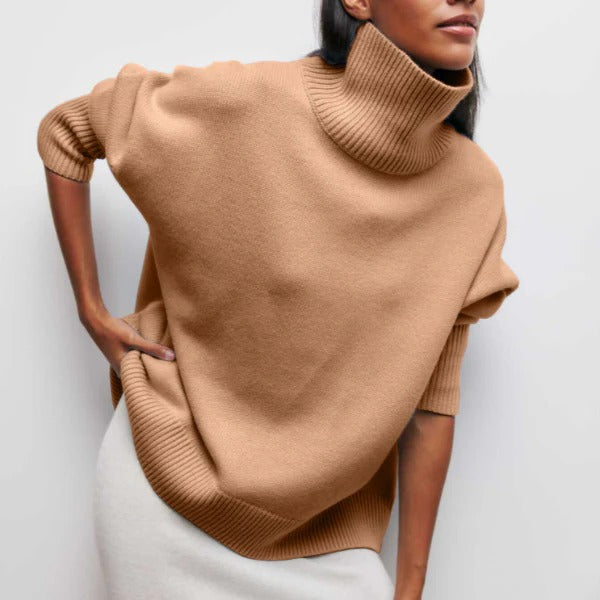 Women's casual turtleneck sweater in soft knit relaxed fit, versatile everyday layering essential