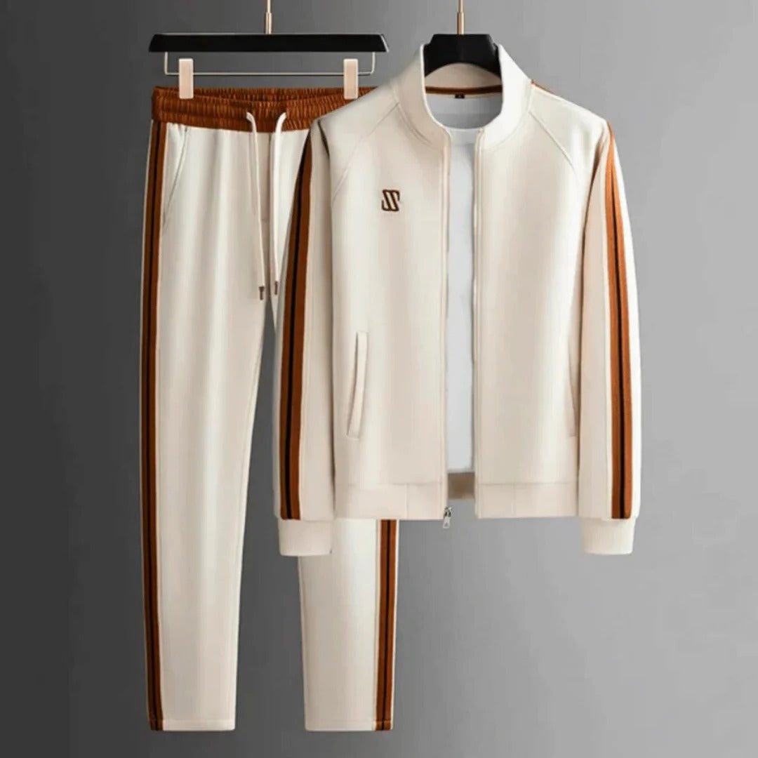 Men's slim fit zip-up tracksuit set in solid color, two-piece athletic jogger suit with modern sporty cut