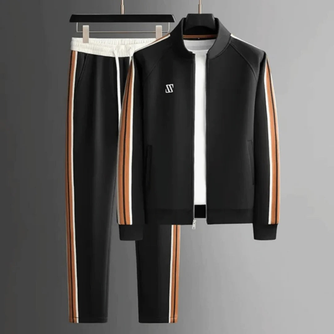 Men's slim fit zip-up tracksuit set in solid color, sporty two-piece athletic loungewear
